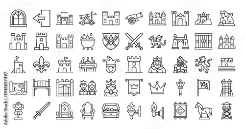 Set of line icons related to the medieval kingdom and history