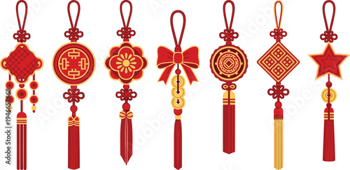 Traditional Chinese hanging ornaments featuring red and gold designs with knots, coins, floral motifs, and tassels symbolizing prosperity, luck, and festive Lunar New Year celebration.