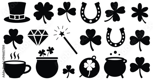 St. Patrick’s Day Silhouette Icon Set, vector icons of shamrock, leprechaun hat, horseshoe, and gold pot, traditional Irish symbols for luck, celebration, greeting cards