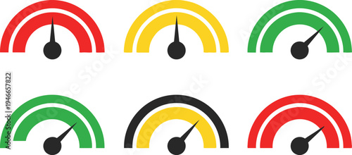 Colorful gauge or speedometer icons used to visualize data such as performance, risk levels, or internet speed. 
