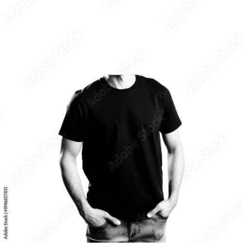 Man wearing blank t-shirt in halftone engraving style. Casual clothing mockup illustration with empty apparel space for print, branding, and fashion design isolated on light background.