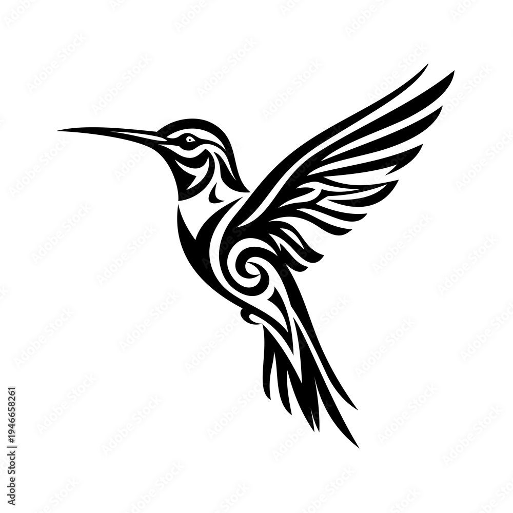 Obraz premium Black and white tribal style tattoo design of a flying hummingbird. Minimalist vector illustration of a bird with intricate stylized patterns isolated on a white background.