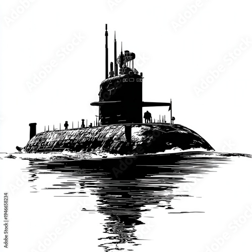 Sumbarine travels through water during day with crew visible on deck and reflections seen on surface