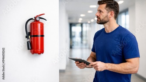 Man inspects fire extinguisher. 
