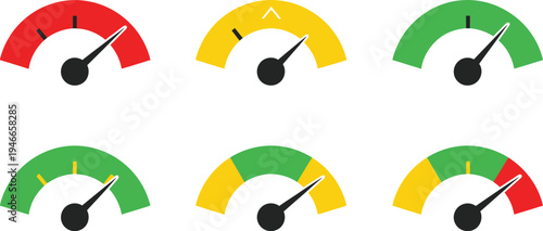 Colorful gauge or speedometer icons used to visualize data such as performance, risk levels, or internet speed. 