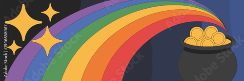 Night sky rainbow and pot of gold icons – Ideal for holiday backgrounds, app icons, or digital prints.