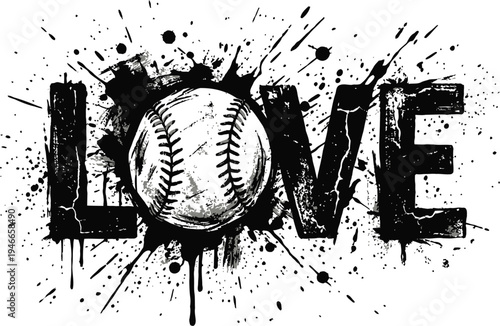 Vector graphic illustration of a baseball with love theme and paint splatters