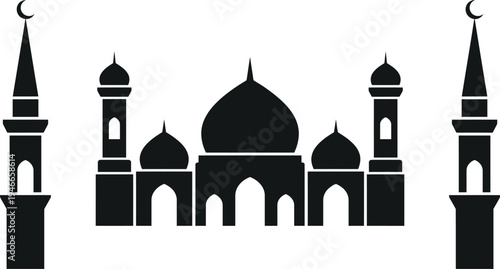 A large mosque with minarets and a dome is shown in a simple black vector graphic illustration on a white background