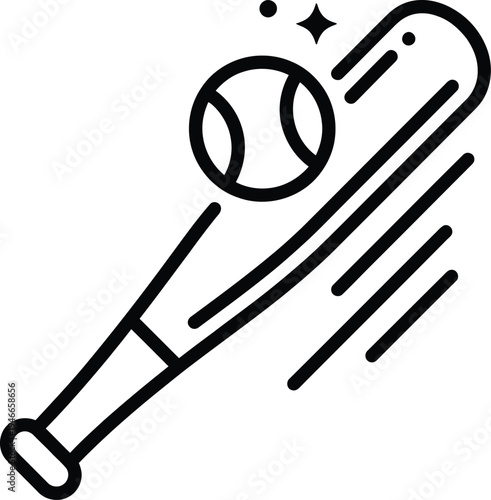 Vector illustration of a baseball bat hitting a ball with motion lines and sparkles