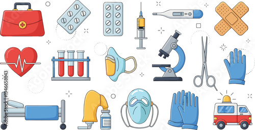 Medical Healthcare Equipment Icon Set with First Aid Kit, Syringe, Thermometer, Microscope, Test Tubes, Hospital Bed, Gloves, and Emergency Ambulance
