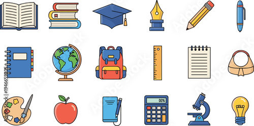 School Education Icon Set with Books, Backpack, Globe, Calculator, Microscope, Pencil, Graduation Cap, and Learning Supplies Illustration