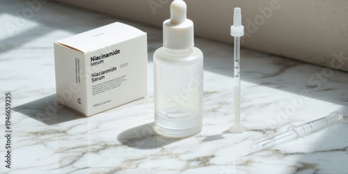 Wallpaper Mural Niacinamide serum bottle, box, pipettes rest on marble surface. Soft lighting creates shadows, highlighting product packaging. Torontodigital.ca