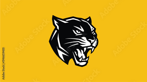 Aggressive Black Panther Head Logo on Yellow Background.
