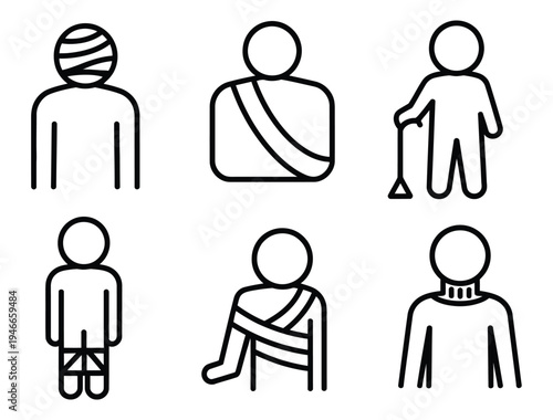 Simple medical icon set with injured figures, showing bandages and crutches, vector symbols for clinics, rehabilitation, injury awareness