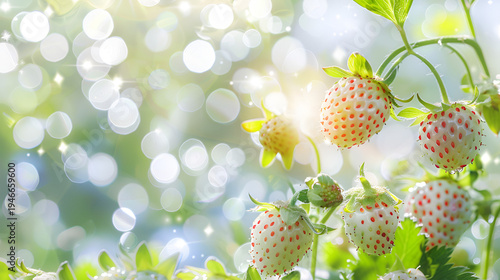 White strawberries ripening on plant with green leaves in sunny garden