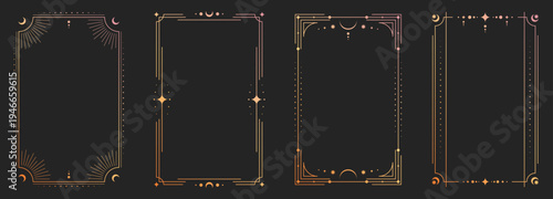 Mystical tarot card back with celestial sun, moon and stars in ornate golden frame, vector illustrations. Esoteric borders with magic symbols, spiritual patterns for horoscope design.