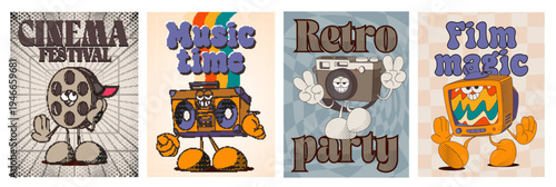 Retro cinema fest posters with groovy characters, cartoon vector set. Invitation banners with film reel, vintage tv and tape recorder on rainbow background. Comic colorful illustrations with 70s vibe