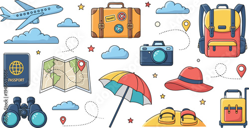 Travel and Vacation Icon Set with Airplane, Passport, Map, Backpack, Suitcase, Camera, Binoculars, Hat, and Tourism Adventure Elements