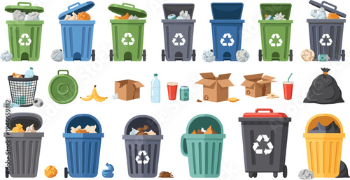 Waste Sorting and Recycling Bin Set with Plastic, Paper, Organic Trash, Garbage Bags, Bottles, and Eco Waste Management Illustration