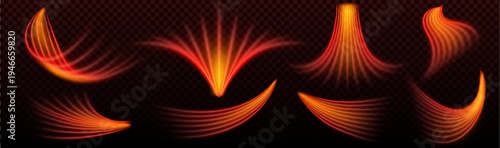 Hot air flow with dynamic red and orange heat waves, realistic wing effect isolated on transparent background. Warm energetic stream with glowing curved lines and motion blur