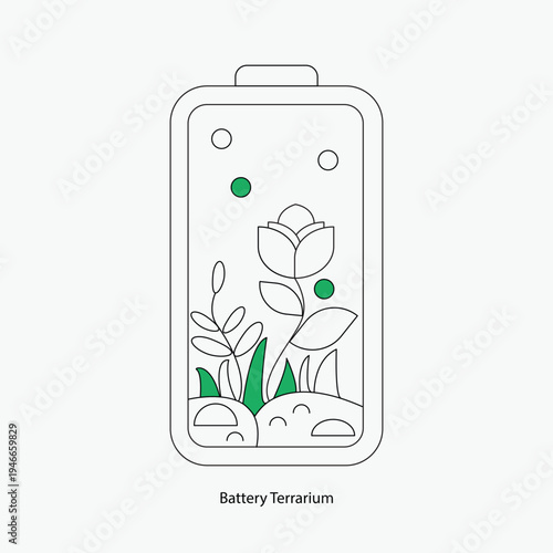 Battery shaped terrarium with blooming flowers and plants inside, line art metaphor for clean energy storage, ecological power and sustainable battery life