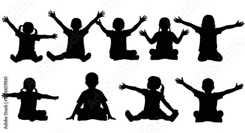 Children in yoga poses silhouette.
