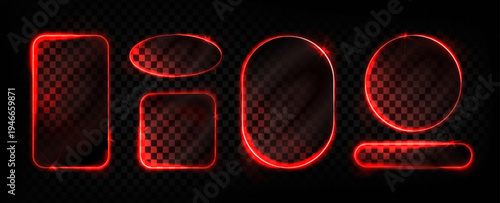 Glass frames set with neon red light effects isolated on transparent background. Vector realistic illustration of oval and round glowing borders, futuristic digital interface elements, gaming screens