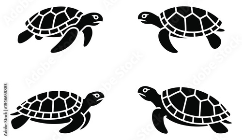 Turtle Silhouette Vector Set, detailed shell designs in various swimming poses, black and white nature illustration for wildlife