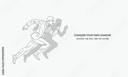 Minimalist line art illustration of a runner overtaking their own shadow, metaphor for self-competition, personal growth, and champion mindset in business.