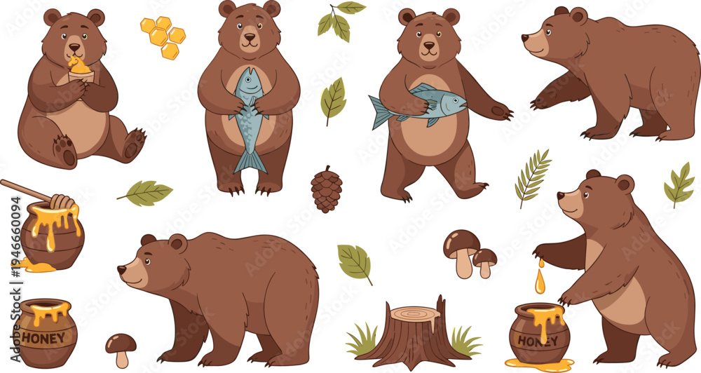 Fototapeta premium Cute Brown Bear Character Set with Honey Pot, Fish, Forest Leaves, Mushrooms, and Woodland Elements for Children Illustration and Nature Wildlife Design