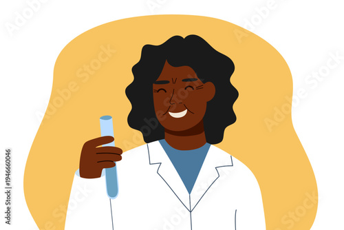 Female scientist or doctor holding test tube. Concept of biotechnology, medical research, science, experiment, test. Vector flat illustration.	