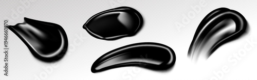 Black cosmetic cream texture, charcoal clay mask smear, realistic vector illustration isolated on white background. Skincare gel product swatch, beauty treatment and facial care routine.