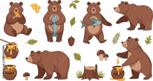 Cute Brown Bear Character Set with Honey Pot, Fish, Forest Leaves, Mushrooms, and Woodland Elements for Children Illustration and Nature Wildlife Design