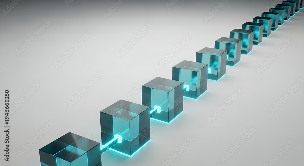 Fototapeta premium Blockchain technology concept with translucent blue glass cubes connected in a diagonal sequence