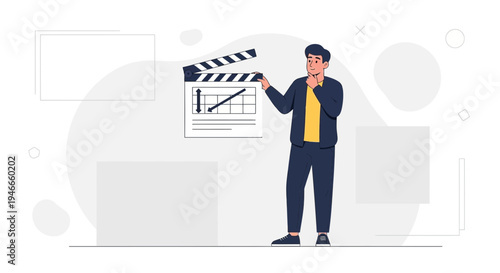 Filmmaker holding clapperboard with graph, planning movie production, creative concept