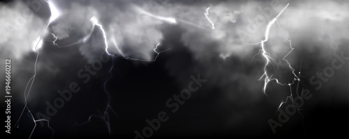 Thunderbolt and lightning strike through stormy dark clouds, realistic vector background. Atmospheric banner with dramatic powerful bolts glowing in the night sky, bad weather illustration, hurricane