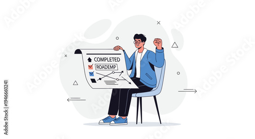 Man celebrates completing roadmap, project success, business strategy, planning, achievement