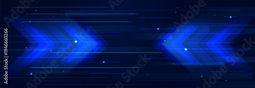 Neon blue arrow with glowing light trails on dark background, 3d abstract vector bg. Dynamic digital speed effect. Futuristic technology glowing arrow concept for web design