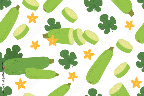 Zucchini vegetable seamless pattern. Nature background of zucchini isolated on white. Gardening, farming and food concept. Vector flat banner.