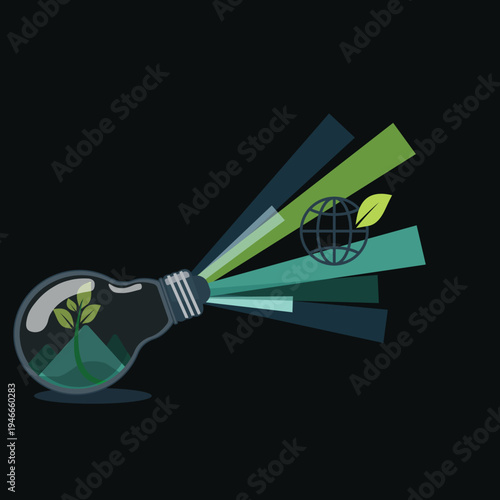 Minimalist vector illustration of a glowing light bulb with a green plant inside on a dark background, eco energy innovation and sustainable night concept