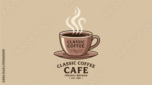 Classic Coffee Cafe Logo with Steaming Cup and Saucer.