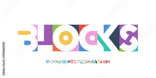 Color Geometric Shape Font Logo Alphabet Letter Set Blocks Typography, Bright Colorful Creative Typographic Design, Trendy Innovate Title Text Headline Logotype. Block Cutout Fonts. Vector Typeface