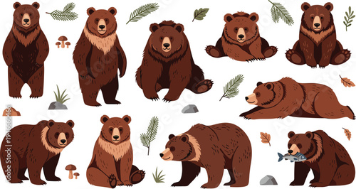 Brown Bear Character Set with Standing, Walking, Sitting, and Fishing Poses with Forest Leaves, Mushrooms, and Woodland Wildlife Elements