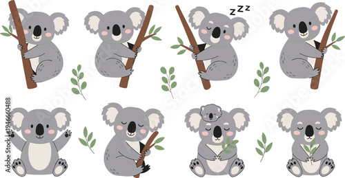 Cute Koala Character Set with Tree Branch, Sleeping Pose, Baby Koala, and Eucalyptus Leaves for Kids Illustration and Wildlife Cartoon Design