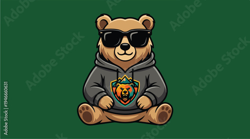 Cool Bear Wearing Sunglasses and Hoodie with Emblem.