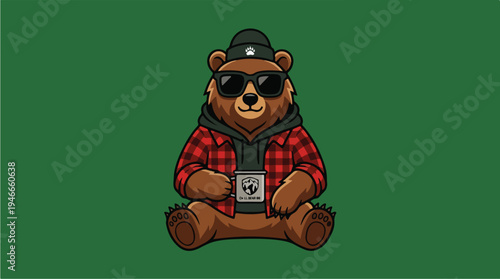 Cool Bear Wearing Sunglasses and Plaid Shirt Holding a Bottle.