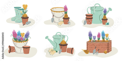 Cozy gardening collection with flower pots, watering can, rubber boots and spring blooms