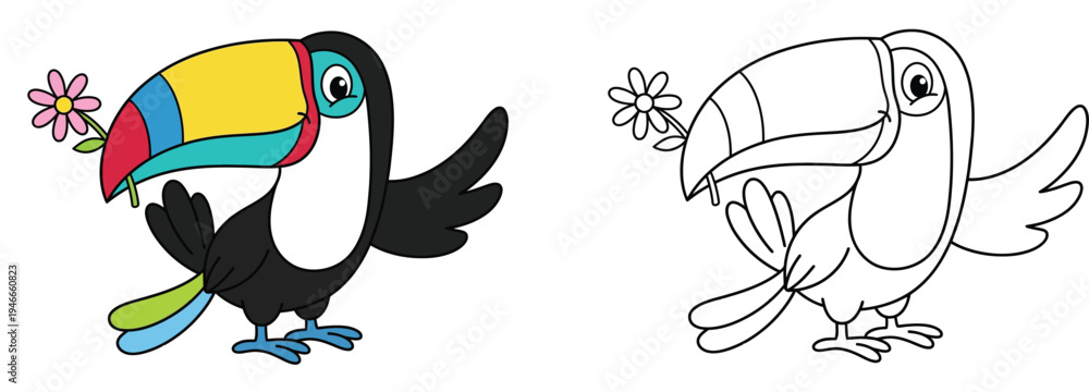 Naklejka premium Cute cartoon toucan bird holding a flower Colorful vector illustration and black and white outline for coloring book page