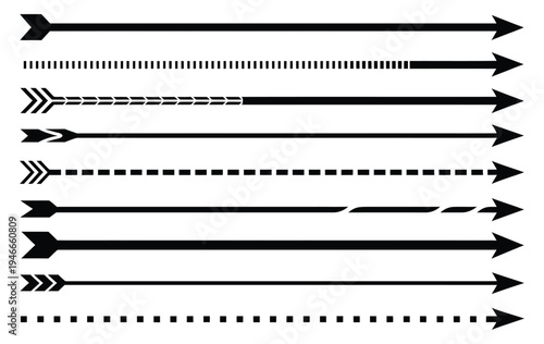 Straight long arrows pointing right, vector set of black thick, thin, and dashed arrows with bold heads, isolated pictograms