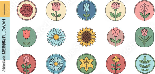 Collection of stylized flower in pastel colors pink blue yellow